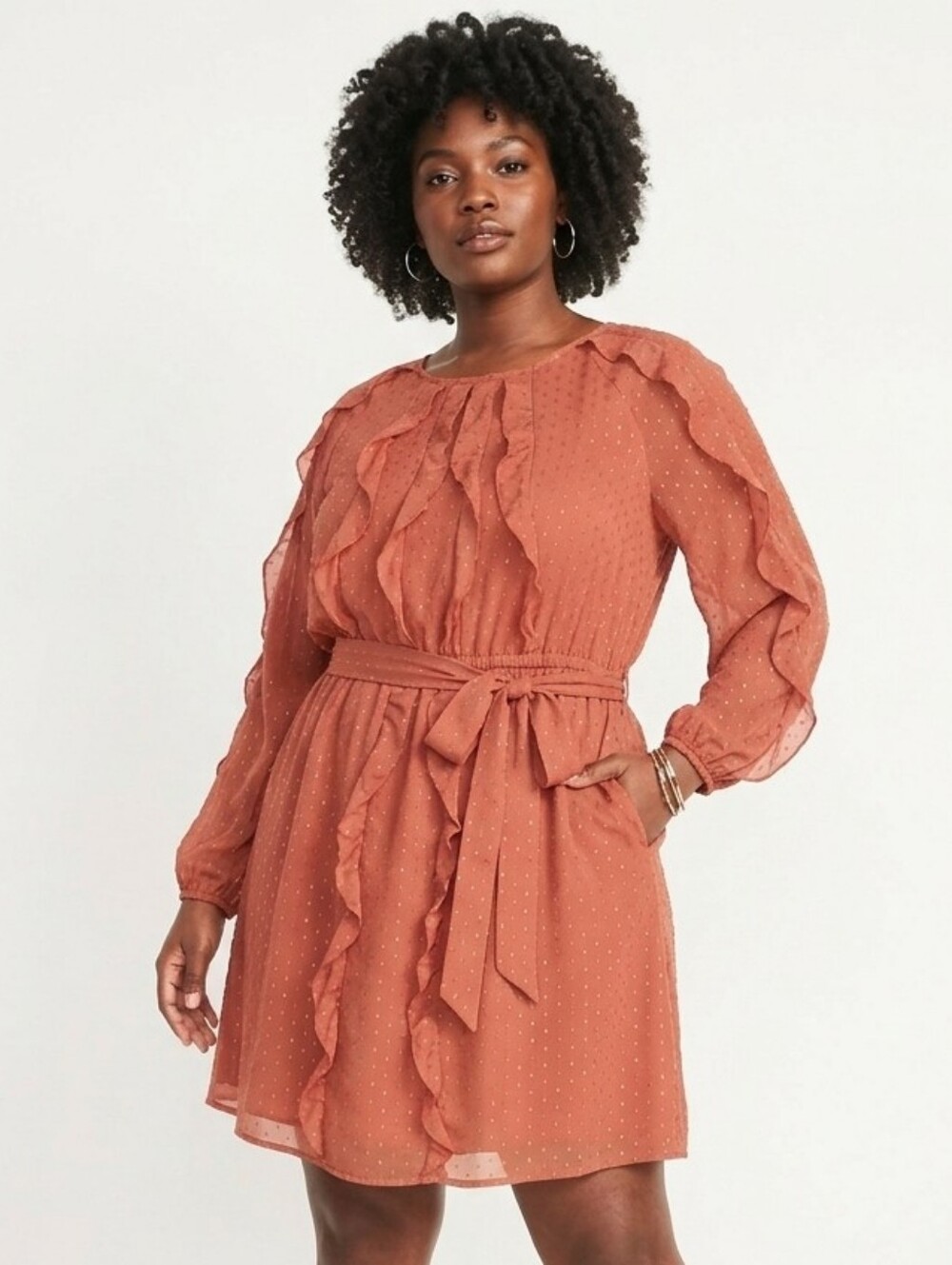 LC Lauren Conrad Coral Ruffle Long-Sleeve Dress with Tie Waist
